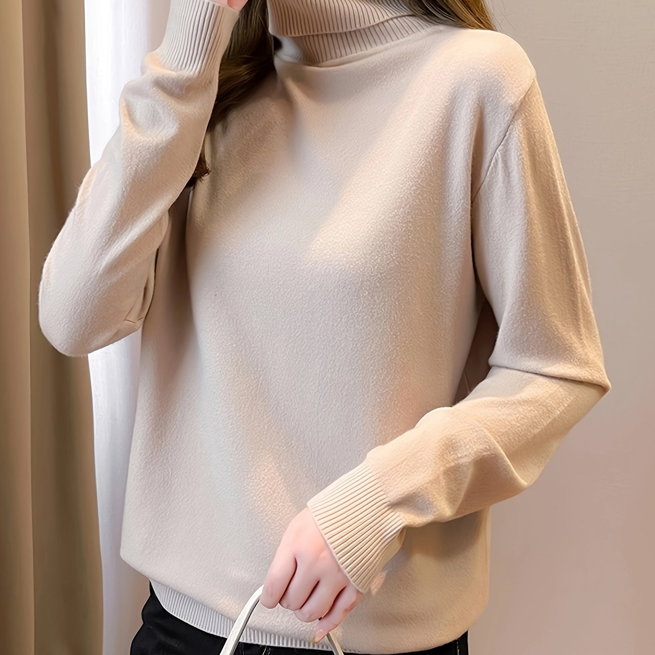 Simple Solid Turtle Neck Knitted Sweater, Elegant Long Sleeve Sweater For Fall & Winter, Women's Clothing