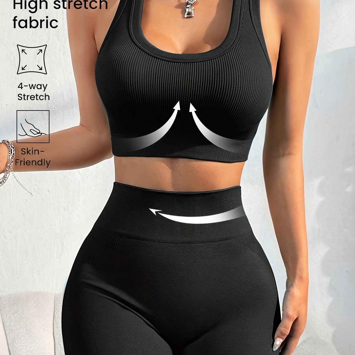 Women'S Seamless High Stretch Yoga Set - Ribbed Sports Bra & Shorts, 4-Way Stretch, Skin-Friendly, Solid Color, All-Season, Ribbed Detailing, High Waist, High Stretch Fabric, Skin-Friendly Material