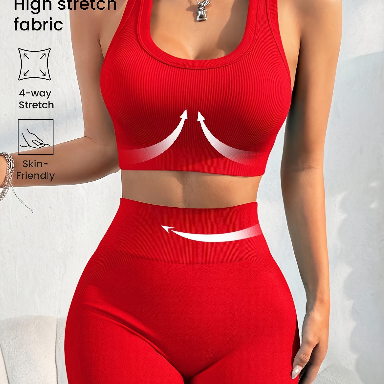Women'S Seamless High Stretch Yoga Set - Ribbed Sports Bra & Shorts, 4-Way Stretch, Skin-Friendly, Solid Color, All-Season, Ribbed Detailing, High Waist, High Stretch Fabric, Skin-Friendly Material