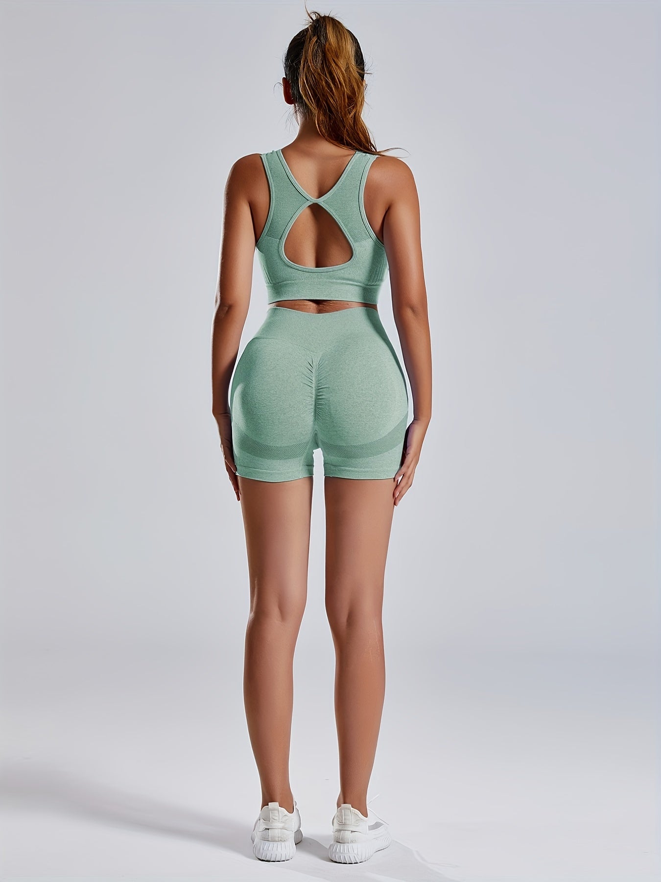 1set Women'S Seamless Sports Yoga Set - High Stretch Polyamide & Elastane Knit Fabric, Solid Color, All-Season, Regular Fit, Open Back Sports Bra & Butt Lifting Shorts Gym Wear