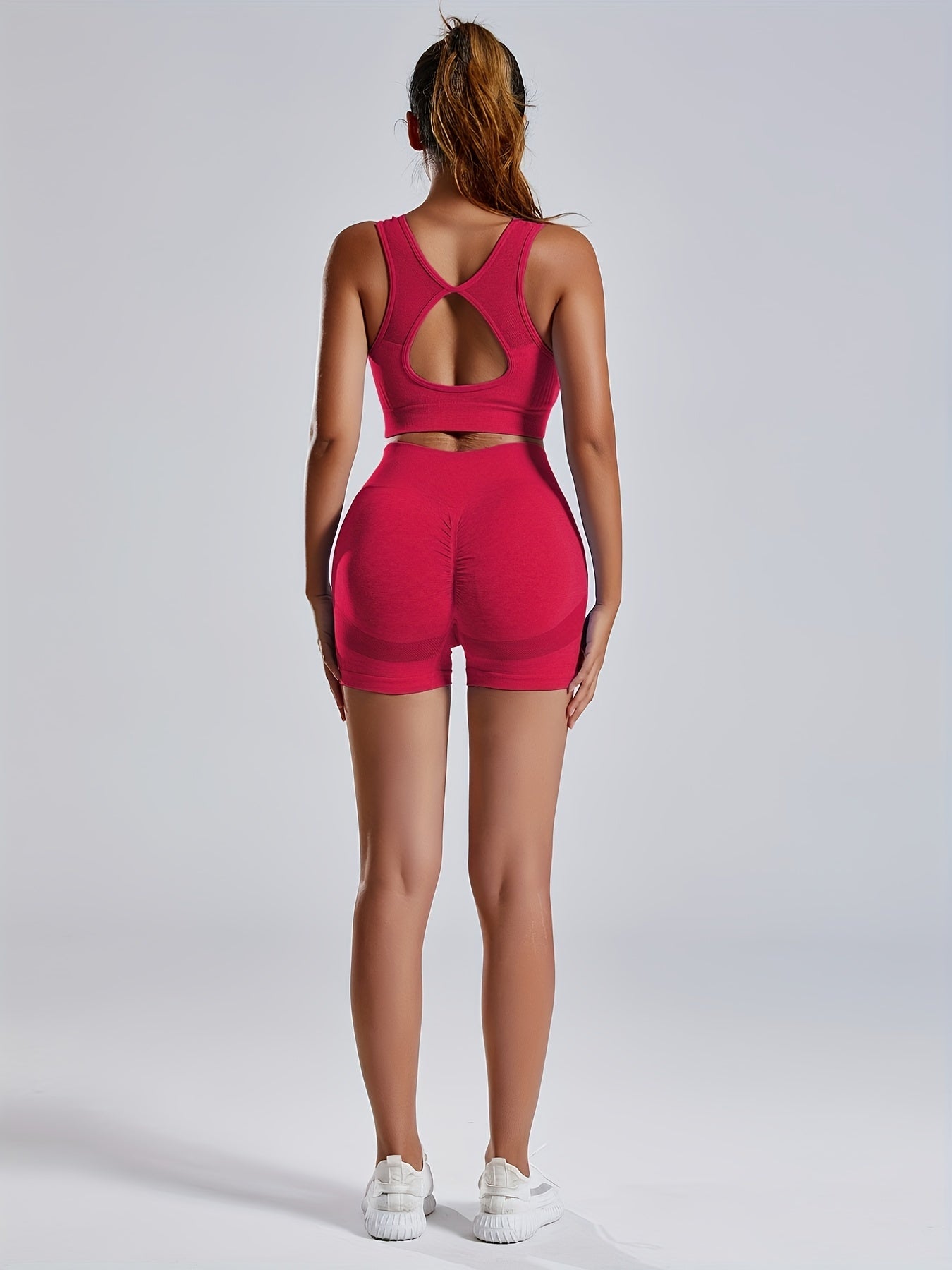 1set Women'S Seamless Sports Yoga Set - High Stretch Polyamide & Elastane Knit Fabric, Solid Color, All-Season, Regular Fit, Open Back Sports Bra & Butt Lifting Shorts Gym Wear