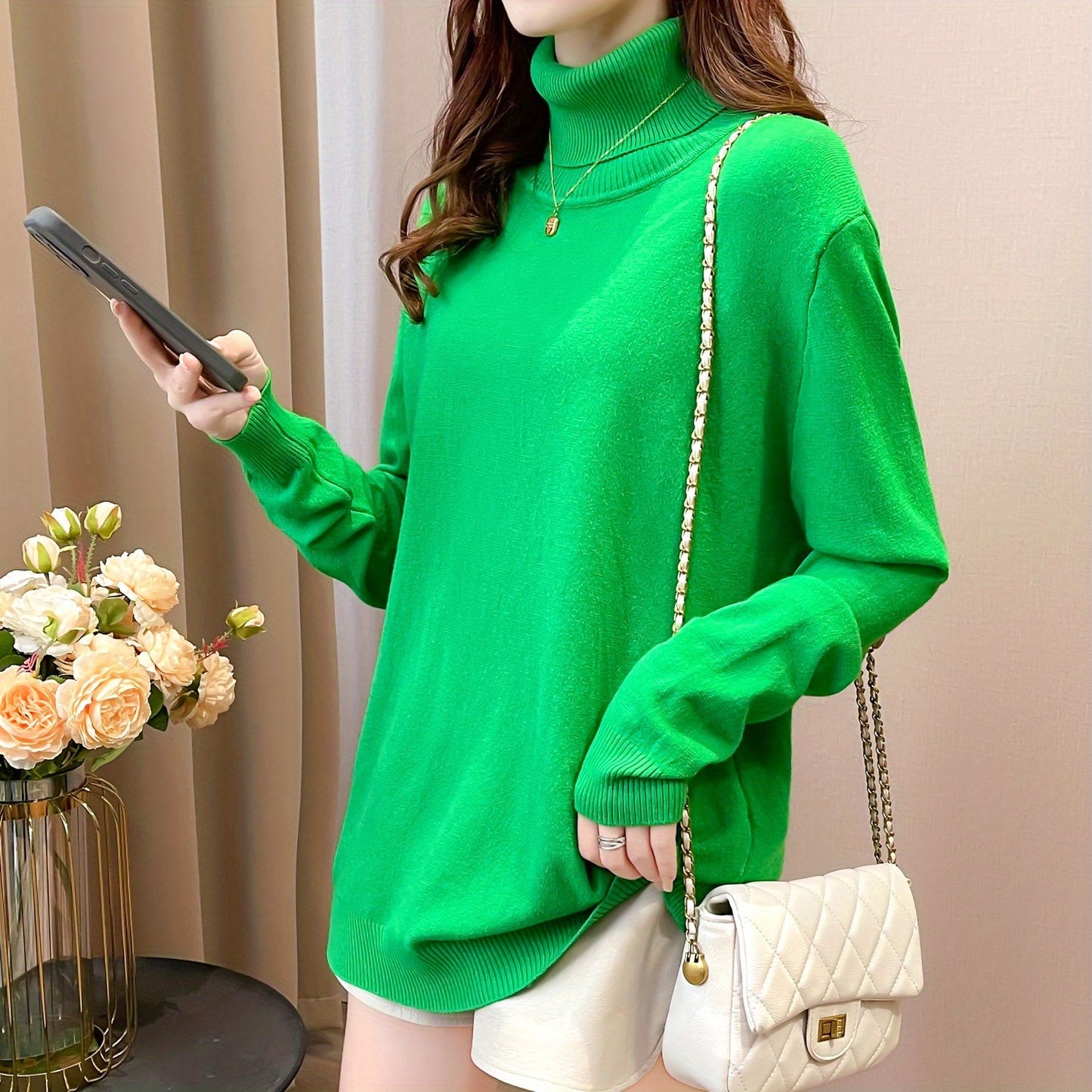 Simple Solid Turtle Neck Knitted Sweater, Elegant Long Sleeve Sweater For Fall & Winter, Women's Clothing