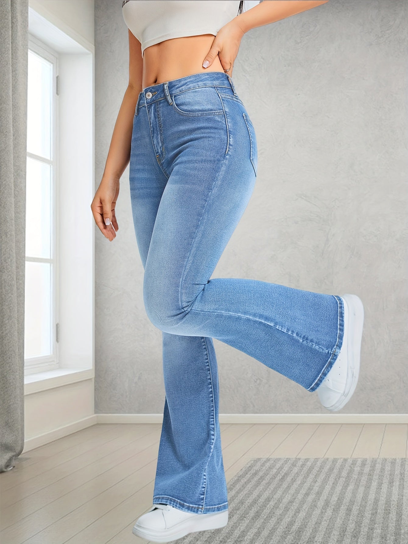 Preppy High Waist Skinny Jeans, Light Blue Stretchy Flared Denim Pants, Women'S Casual Weekend Wear, Polyester 27.60% 70.00% Spandex 2.40% Medium Stretch Washed Button Fly