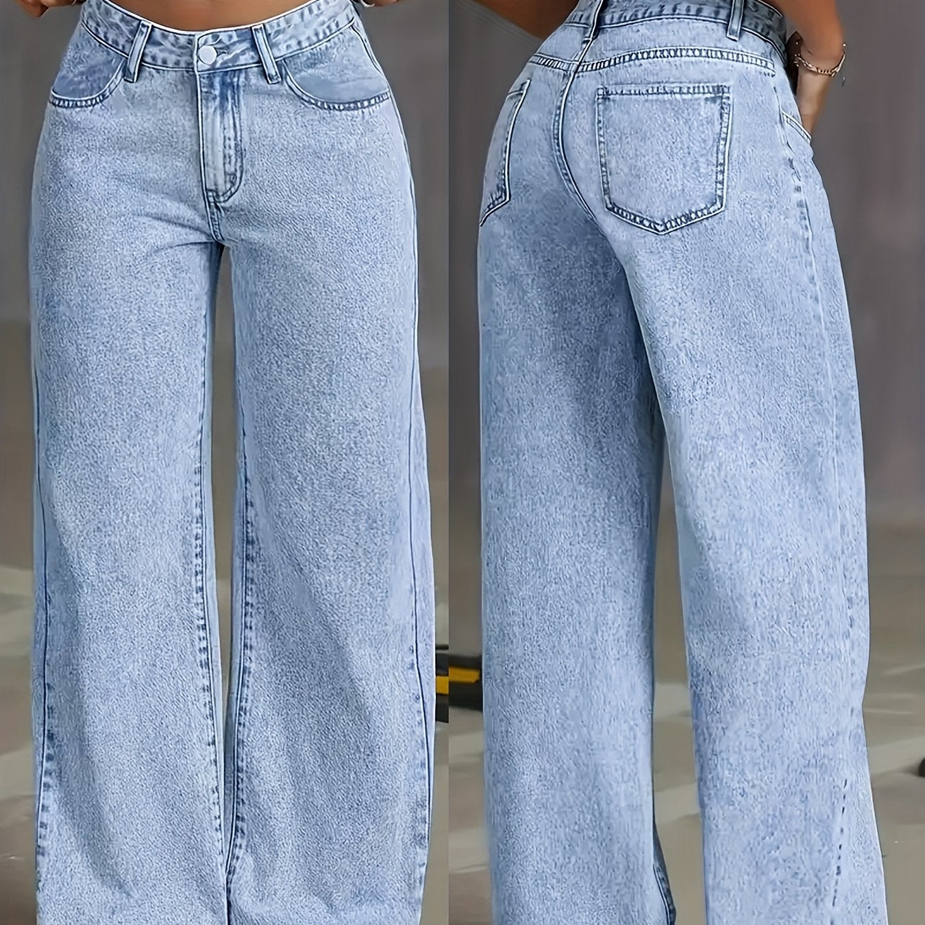 Women's 2025 new stretch loose wide leg straight jeans. acid wash light blue tummy control casual pants with pockets, high waisted comfort solid color pantalones, elegant ladies' clothing, denim trousers fit for travel, work