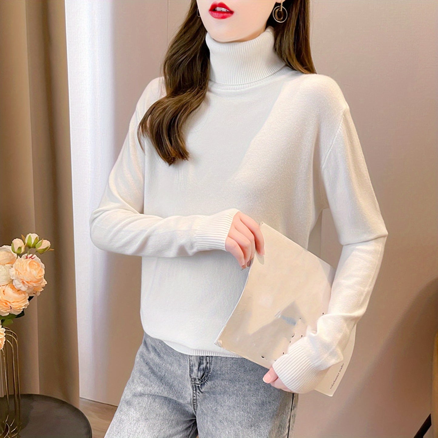 Simple Solid Turtle Neck Knitted Sweater, Elegant Long Sleeve Sweater For Fall & Winter, Women's Clothing
