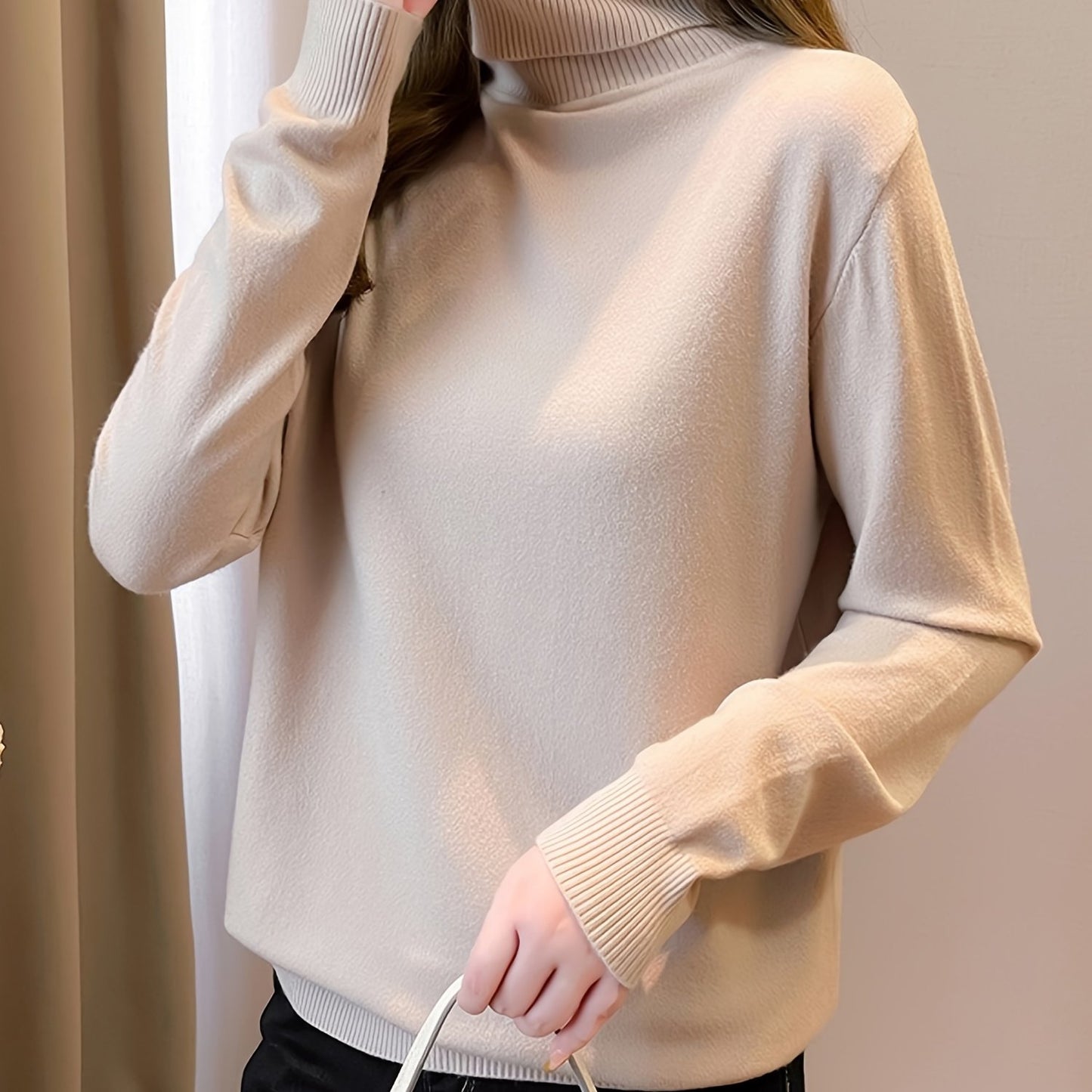 Simple Solid Turtle Neck Knitted Sweater, Elegant Long Sleeve Sweater For Fall & Winter, Women's Clothing