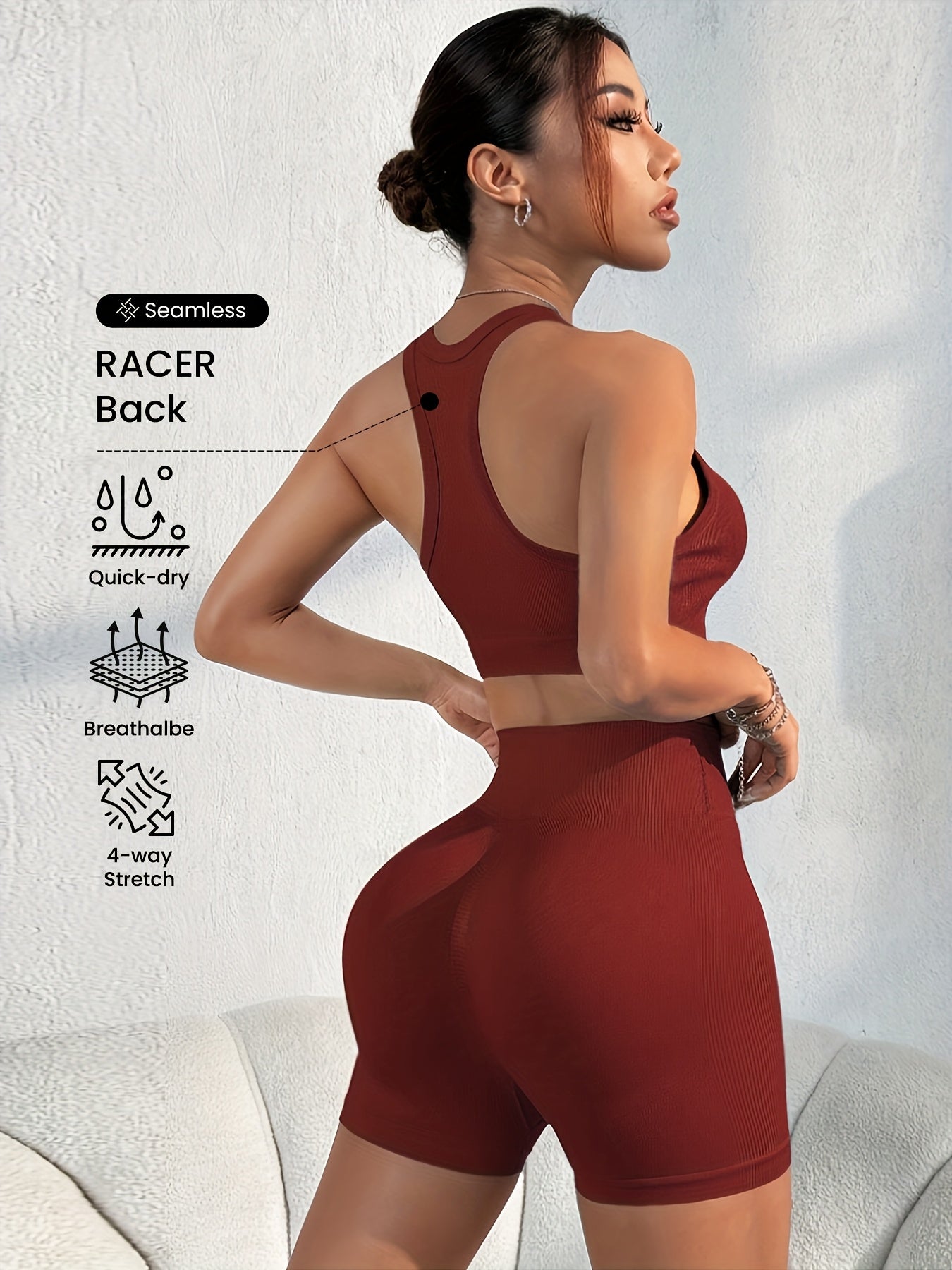 Women'S Seamless High Stretch Yoga Set - Ribbed Sports Bra & Shorts, 4-Way Stretch, Skin-Friendly, Solid Color, All-Season, Ribbed Detailing, High Waist, High Stretch Fabric, Skin-Friendly Material