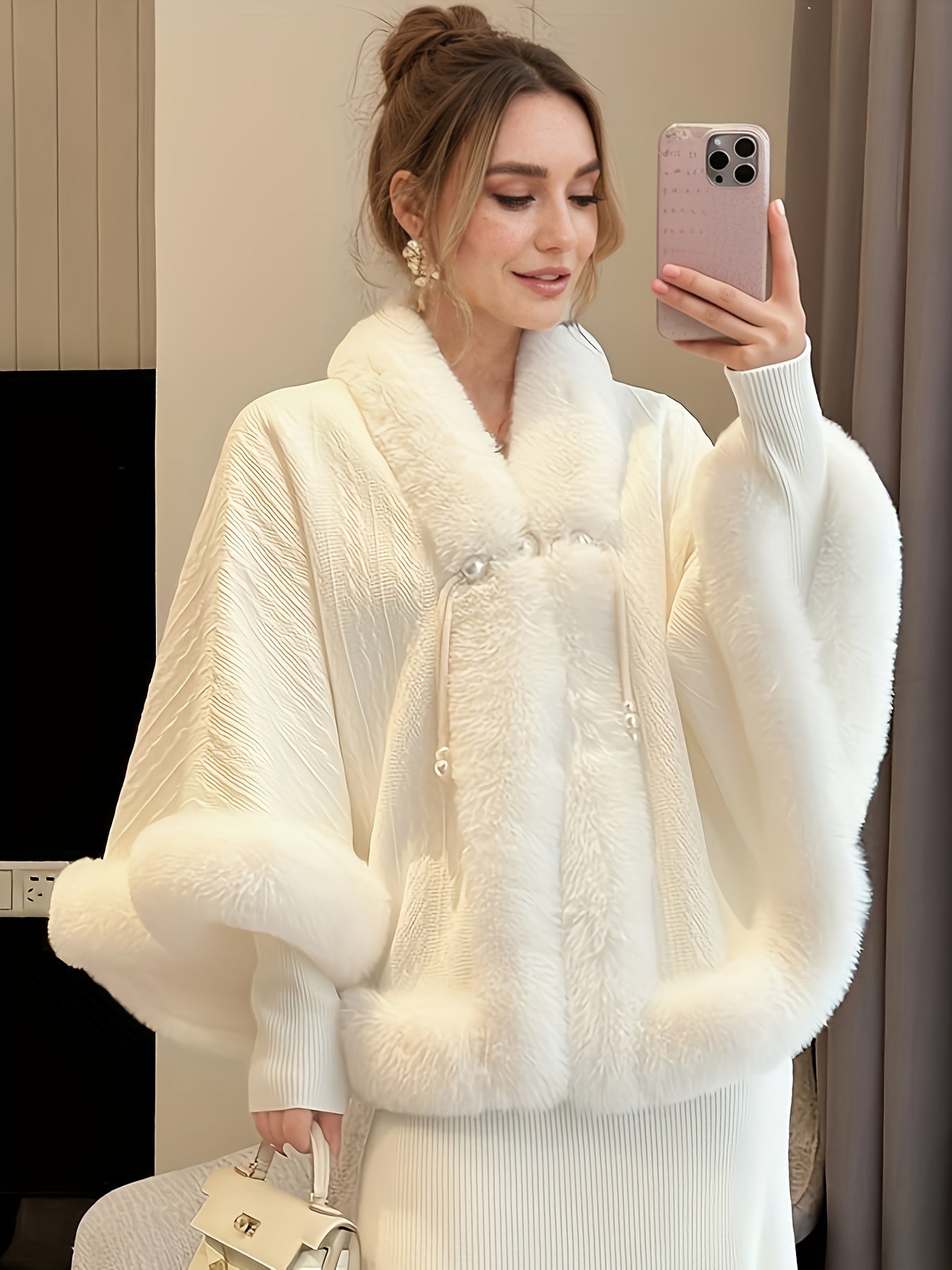 Women'S Elegant Velvet Cape Shawl - Plush Faux Fur Warm Winter Jacket with Adjustable Hood, Long Sleeves, and Front Pockets for Fall/Winter Fashion, Cozy Outerwear, Cozy Fashion, Sophisticated Style, Soft Texture