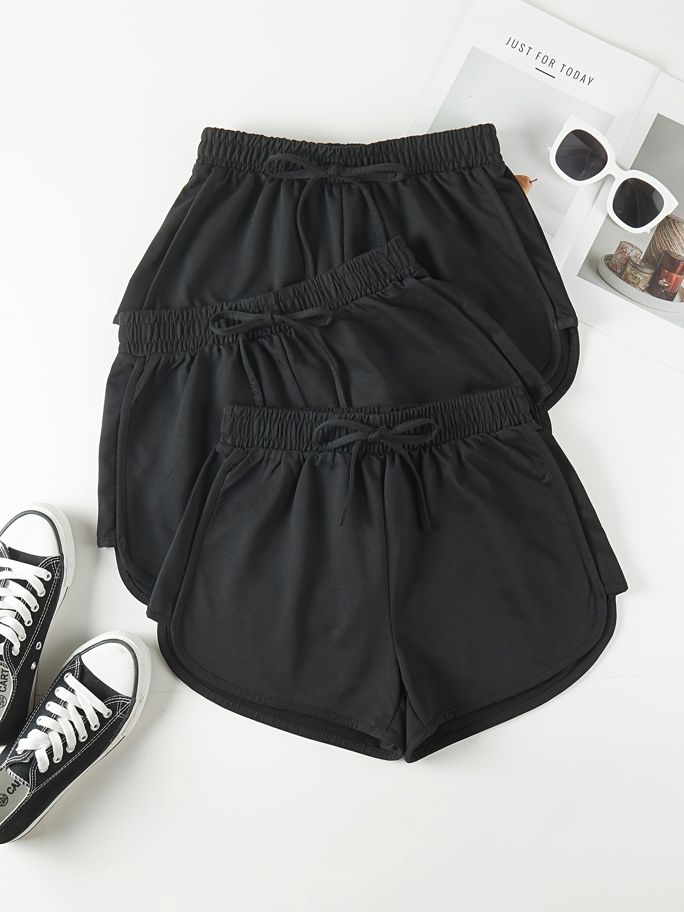 3 Pieces Set Solid Drawstring Running Shorts, Elastic Waist Casual Dolphin Shorts, Women's Clothing