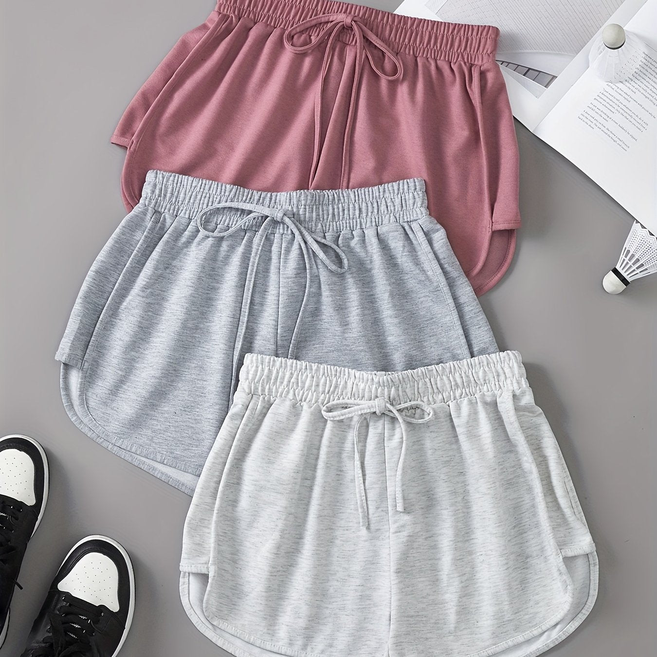 3 Pieces Set Solid Drawstring Running Shorts, Elastic Waist Casual Dolphin Shorts, Women's Clothing