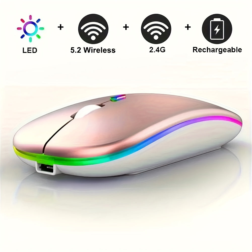 Rechargeable LED Backlit Wireless Mouse, Ultra-Thin 2.4G/5.2 Dual Mode Silent Portable USB Optical Gaming Mouse, Compatible with Laptop/Desktop/Tablet, Ambidextrous Design, 500mAh Battery, Type-C Charging, No Charger Included