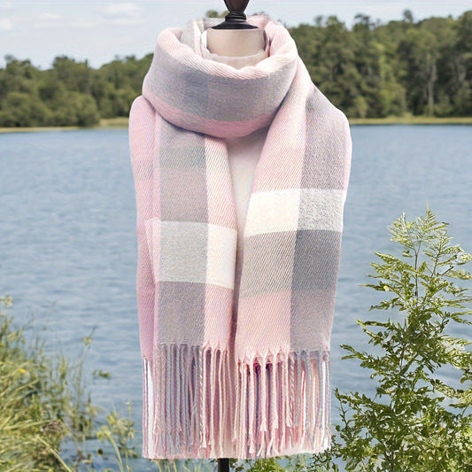 1pc Women'S New Autumn And Winter Fresh Elegant Faux Cashmere Plaid Fringe Scarf, Stylish And Versatile Warm Neck Wrap.
