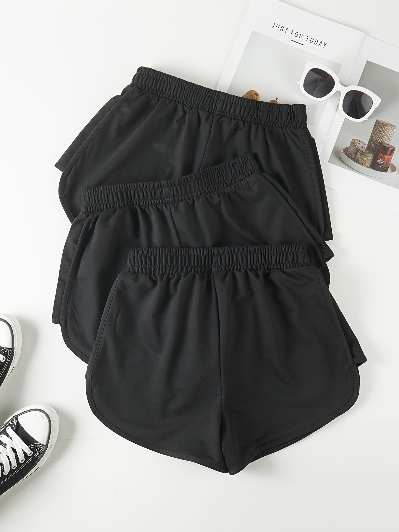 3 Pieces Set Solid Drawstring Running Shorts, Elastic Waist Casual Dolphin Shorts, Women's Clothing