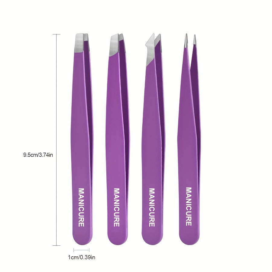 4pcs Stainless Steel Eyebrow Tweezers Set Purple Makeup Tools for Eyelash Grafting, Eyebrow Sculpting, Beard Removal and Fake Eyelashes Assistance