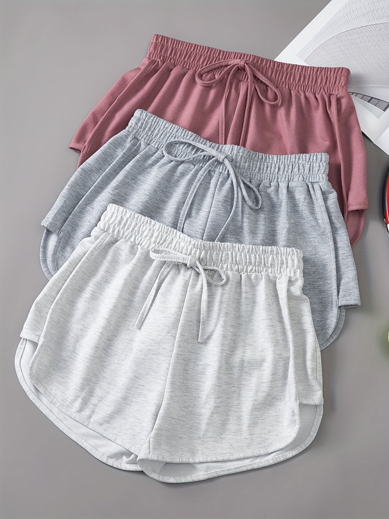 3 Pieces Set Solid Drawstring Running Shorts, Elastic Waist Casual Dolphin Shorts, Women's Clothing