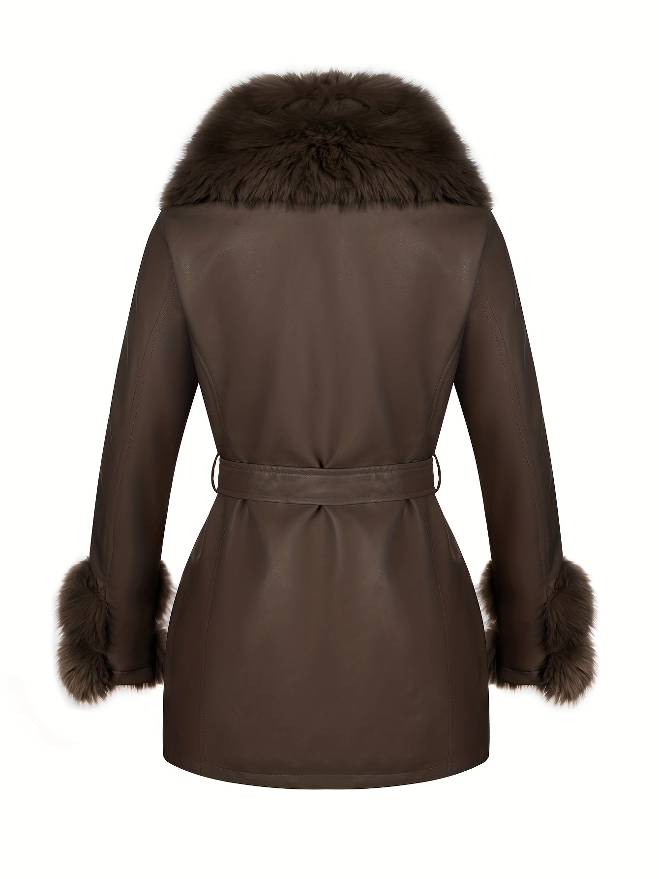 Women's Elegant Winter Jacket with Detachable Fake Fur Collar & Lapel - Belted Coat, Solid Color Long Sleeve Outerwear for Fall/Winter, Non-Stretch for Dresses/Skirts/Jeans