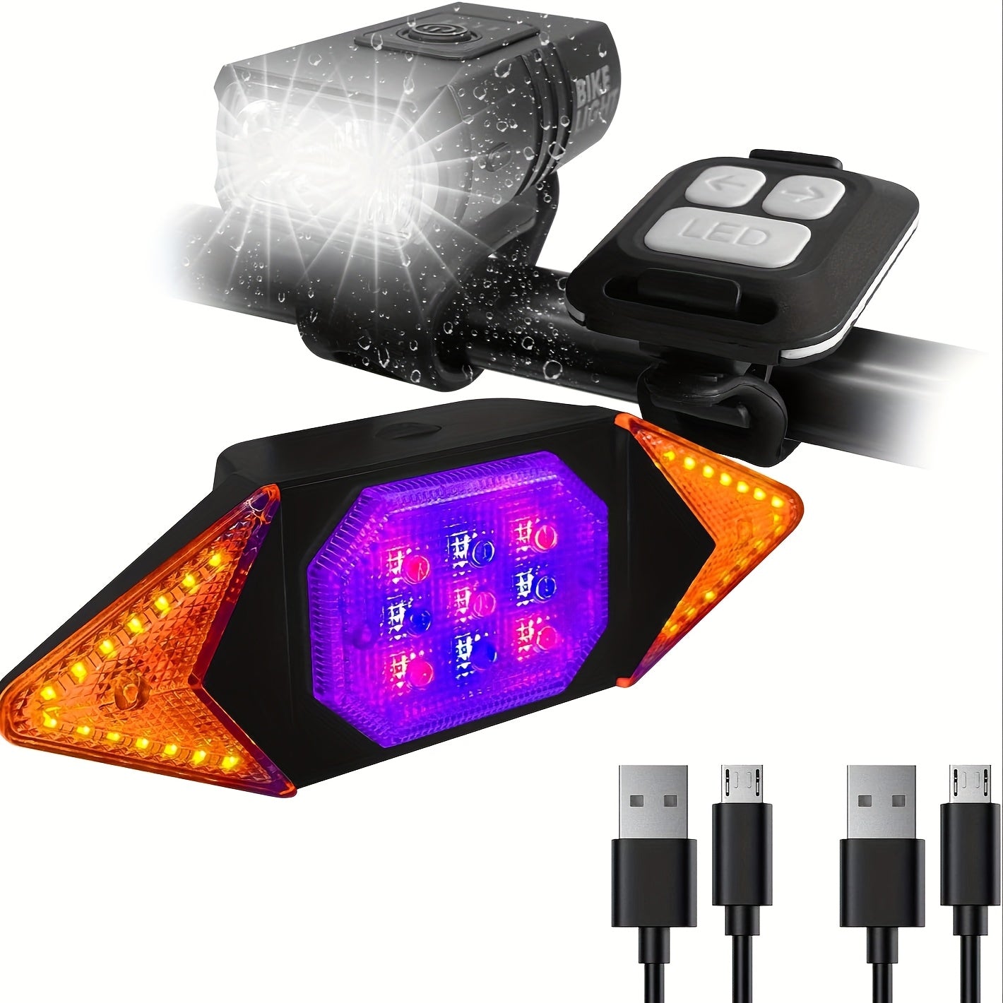 Rechargeable Dual Front and Rear Bike Lights with Super Bright Headlight, Taillight, Turn Signal, Easy-to-Install Safety Flashlight for Night Riding