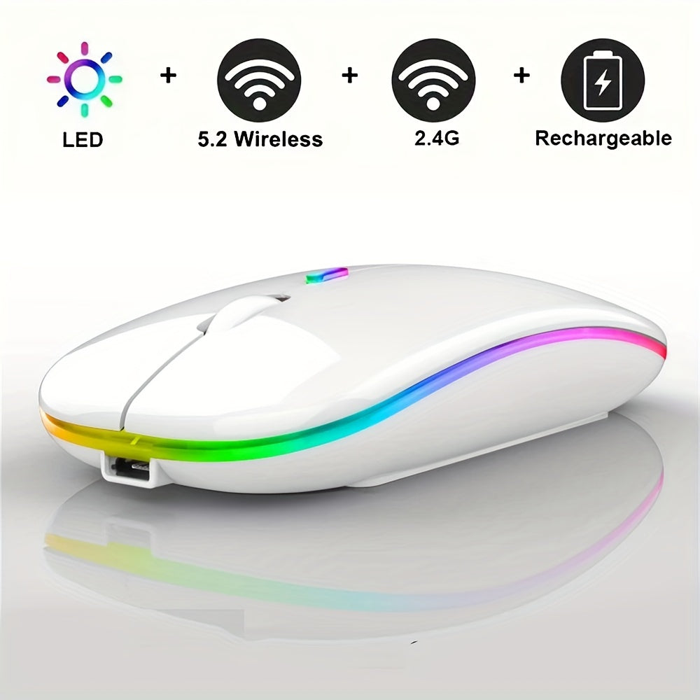 Rechargeable LED Backlit Wireless Mouse, Ultra-Thin 2.4G/5.2 Dual Mode Silent Portable USB Optical Gaming Mouse, Compatible with Laptop/Desktop/Tablet, Ambidextrous Design, 500mAh Battery, Type-C Charging, No Charger Included
