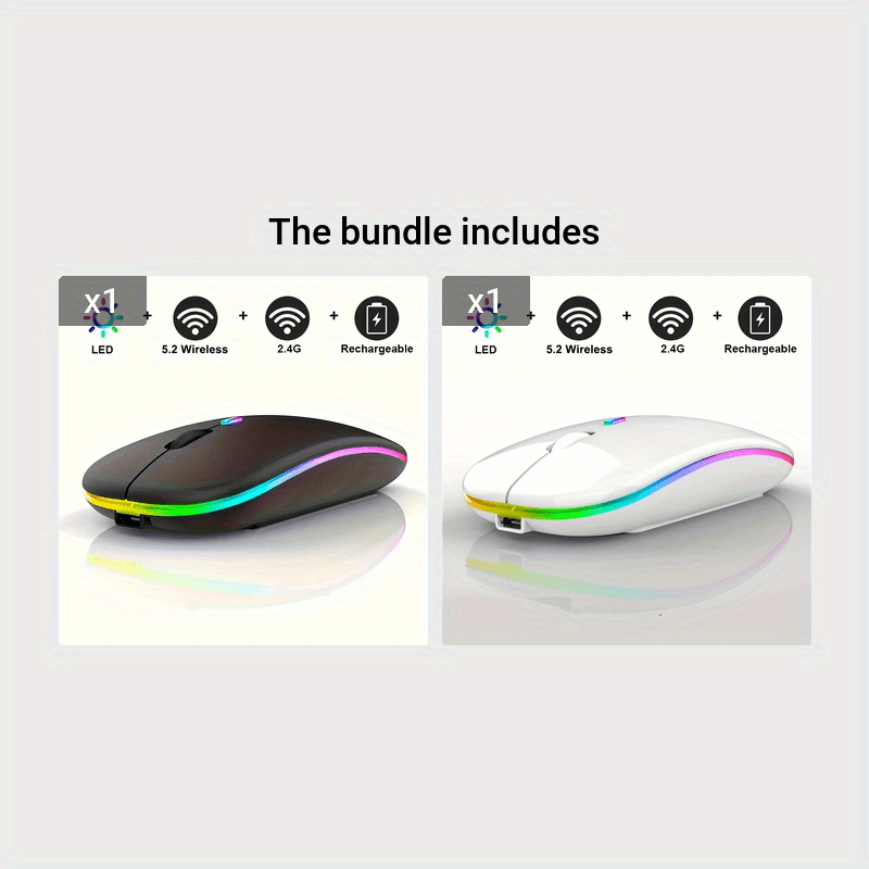 Rechargeable LED Backlit Wireless Mouse, Ultra-Thin 2.4G/5.2 Dual Mode Silent Portable USB Optical Gaming Mouse, Compatible with Laptop/Desktop/Tablet, Ambidextrous Design, 500mAh Battery, Type-C Charging, No Charger Included