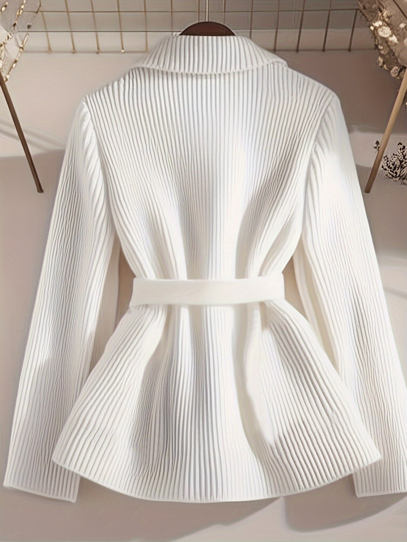 Women's Elegant Collar Blazer Jacket with Belted Waist & Pocket - Solid Beige Summer Coat, Machine Washable, Medium Elasticity for Casual & Professional Wear