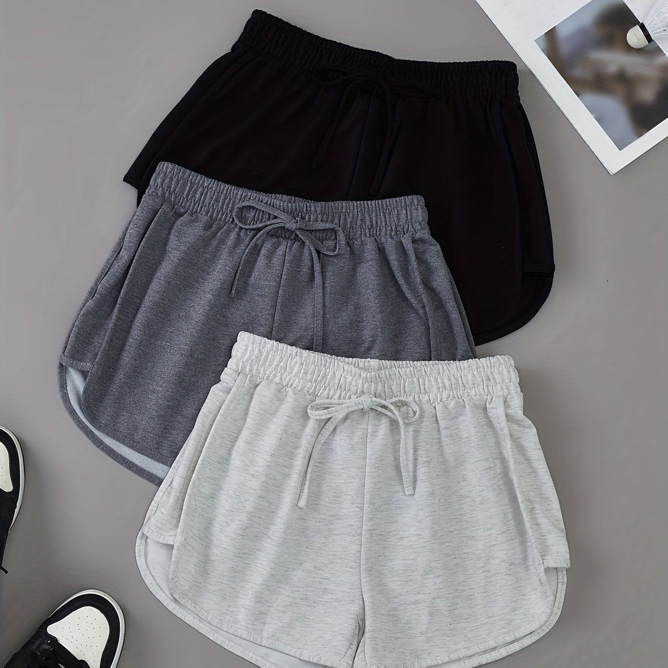 3 Pieces Set Solid Drawstring Running Shorts, Elastic Waist Casual Dolphin Shorts, Women's Clothing