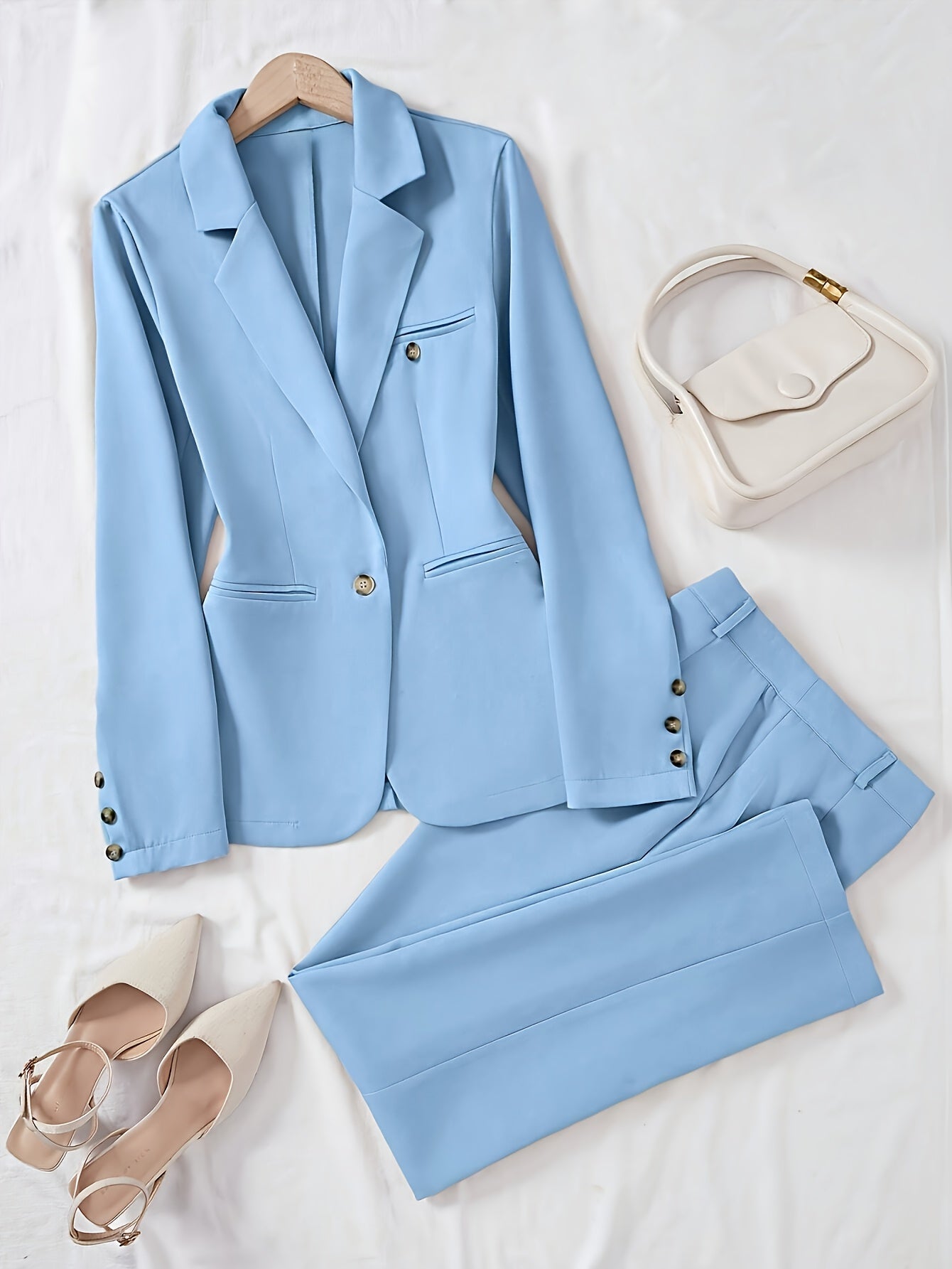 Women'S 2pcs Minimalist Suit Set - Light Blue Single-Breasted Blazer & Pants with Notched Lapel, Long Sleeves, and Button Details for Office or Casual Wear, Spring/Fall Collection, Office Attire | Notched Lapel Blazer | Butto