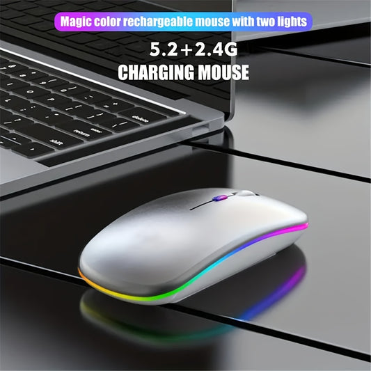 Rechargeable LED Backlit Wireless Mouse, Ultra-Thin 2.4G/5.2 Dual Mode Silent Portable USB Optical Gaming Mouse, Compatible with Laptop/Desktop/Tablet, Ambidextrous Design, 500mAh Battery, Type-C Charging, No Charger Included