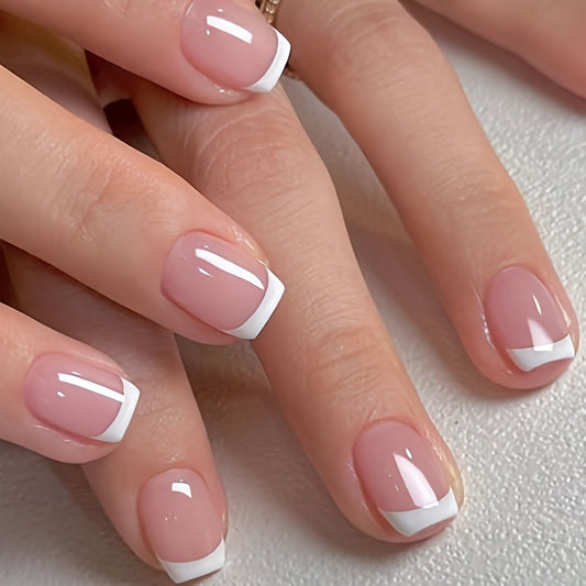 24pcs Pink & Nude Square Short Coffin Press-On Nails, Glossy Finish, Reusable & Durable French Style False Nails for Women, Easy Application, Long-Lasting, Ideal for Salon Or DIY Manicure |Bride Nails |Wedding Nails