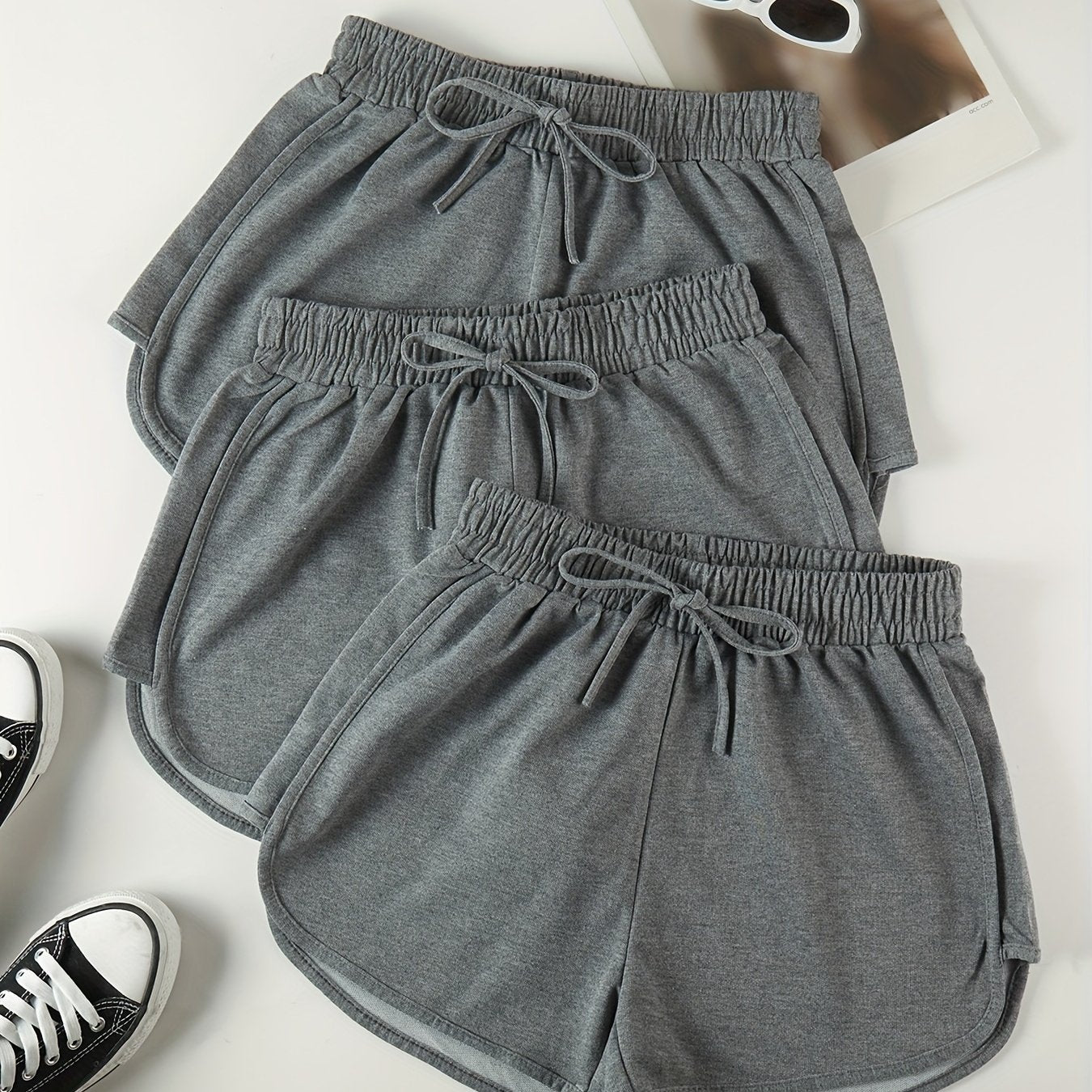 3 Pieces Set Solid Drawstring Running Shorts, Elastic Waist Casual Dolphin Shorts, Women's Clothing