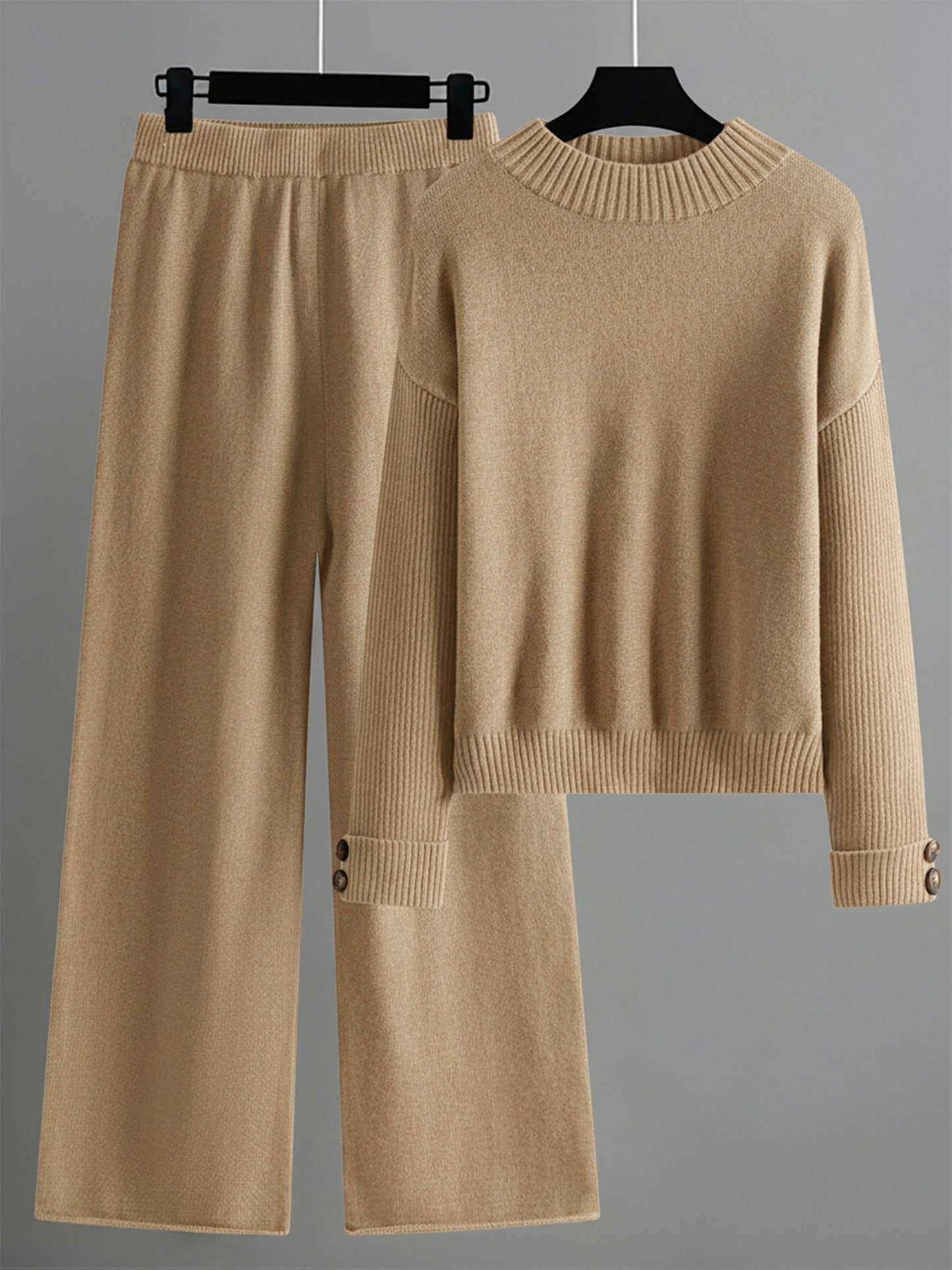 Women's Elegant Lounge Set with Ribbed Crewneck Pullover and Wide Leg Pants Soft Two Piece Fall Winter Outfit Cozy Casual Loungewear Solid Color Sweater Matching Set