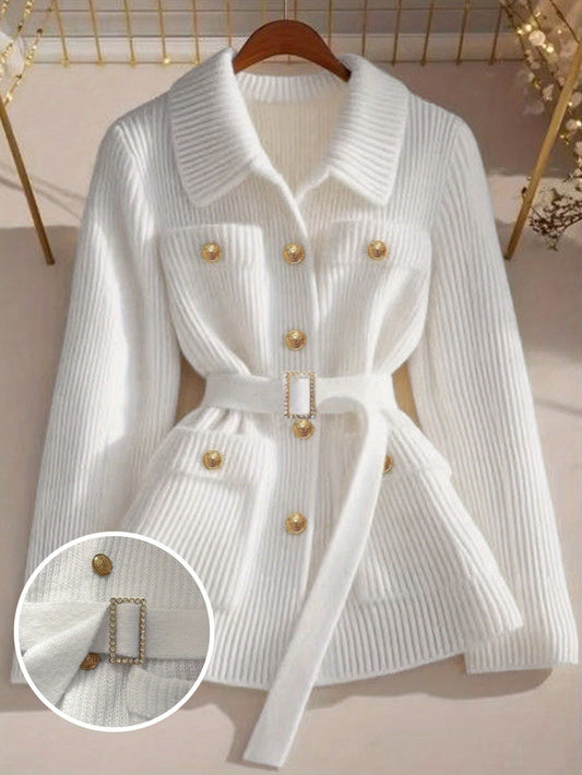 Women's Elegant Collar Blazer Jacket with Belted Waist & Pocket - Solid Beige Summer Coat, Machine Washable, Medium Elasticity for Casual & Professional Wear