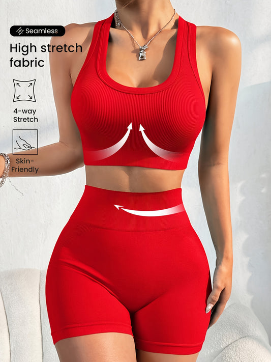 Women'S Seamless High Stretch Yoga Set - Ribbed Sports Bra & Shorts, 4-Way Stretch, Skin-Friendly, Solid Color, All-Season, Ribbed Detailing, High Waist, High Stretch Fabric, Skin-Friendly Material