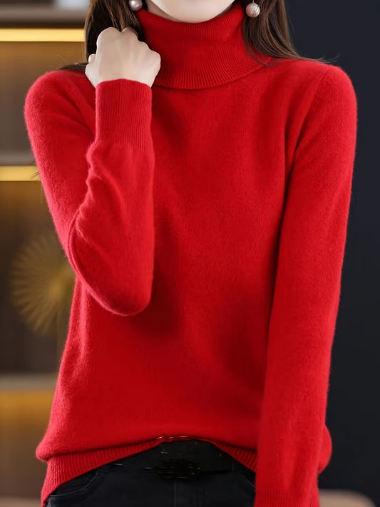 Simple Solid Turtle Neck Knitted Sweater, Elegant Long Sleeve Sweater For Fall & Winter, Women's Clothing