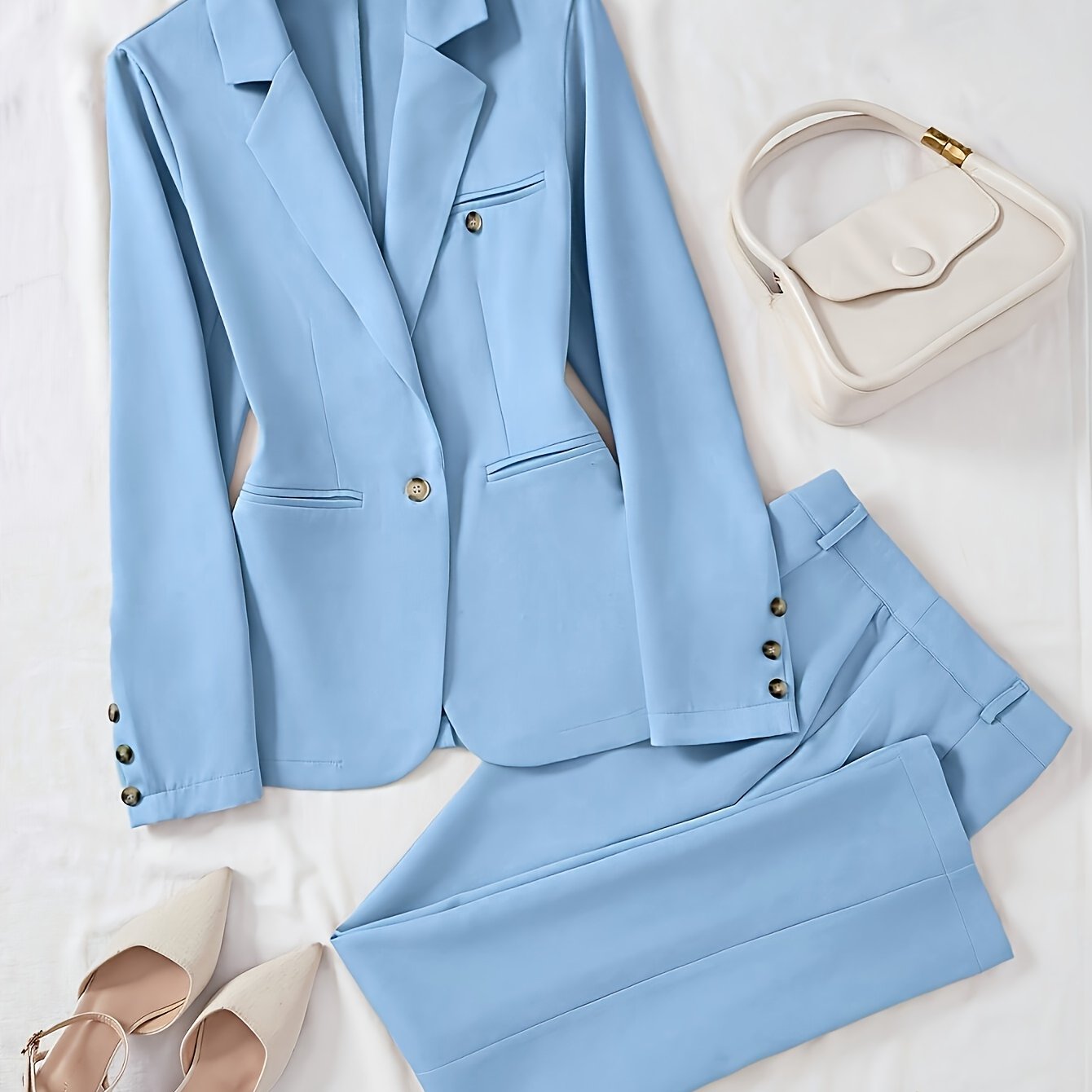 Women'S 2pcs Minimalist Suit Set - Light Blue Single-Breasted Blazer & Pants with Notched Lapel, Long Sleeves, and Button Details for Office or Casual Wear, Spring/Fall Collection, Office Attire | Notched Lapel Blazer | Butto