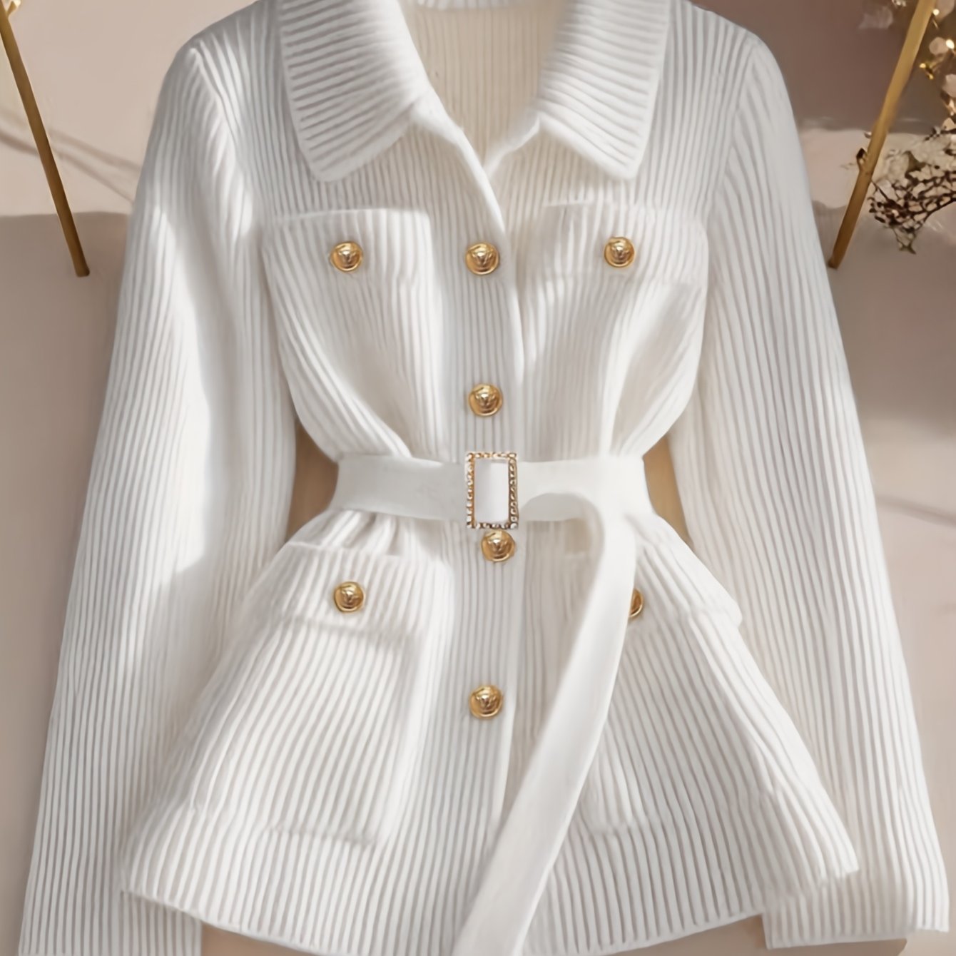 Women's Elegant Collar Blazer Jacket with Belted Waist & Pocket - Solid Beige Summer Coat, Machine Washable, Medium Elasticity for Casual & Professional Wear