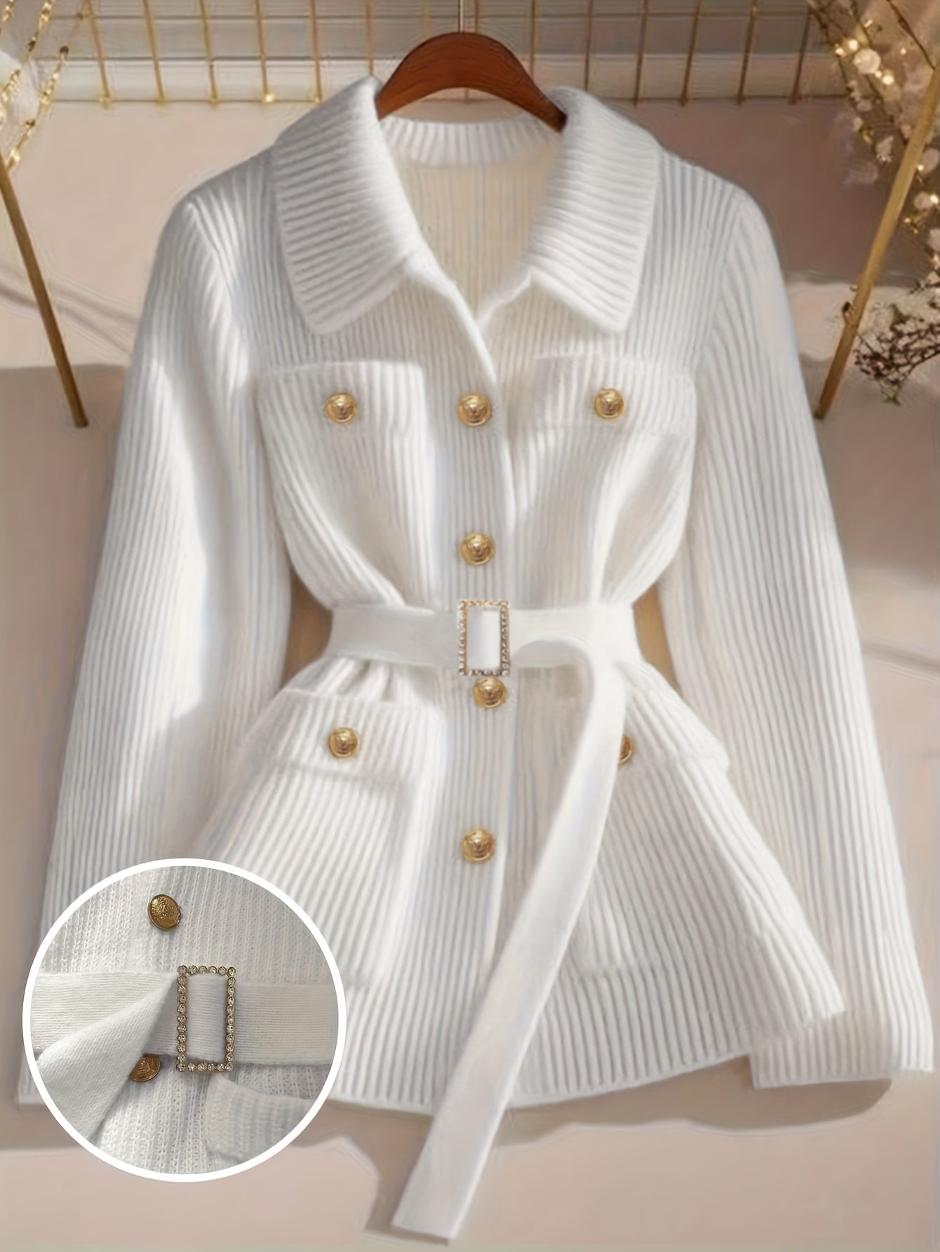 Women's Elegant Collar Blazer Jacket with Belted Waist & Pocket - Solid Beige Summer Coat, Machine Washable, Medium Elasticity for Casual & Professional Wear