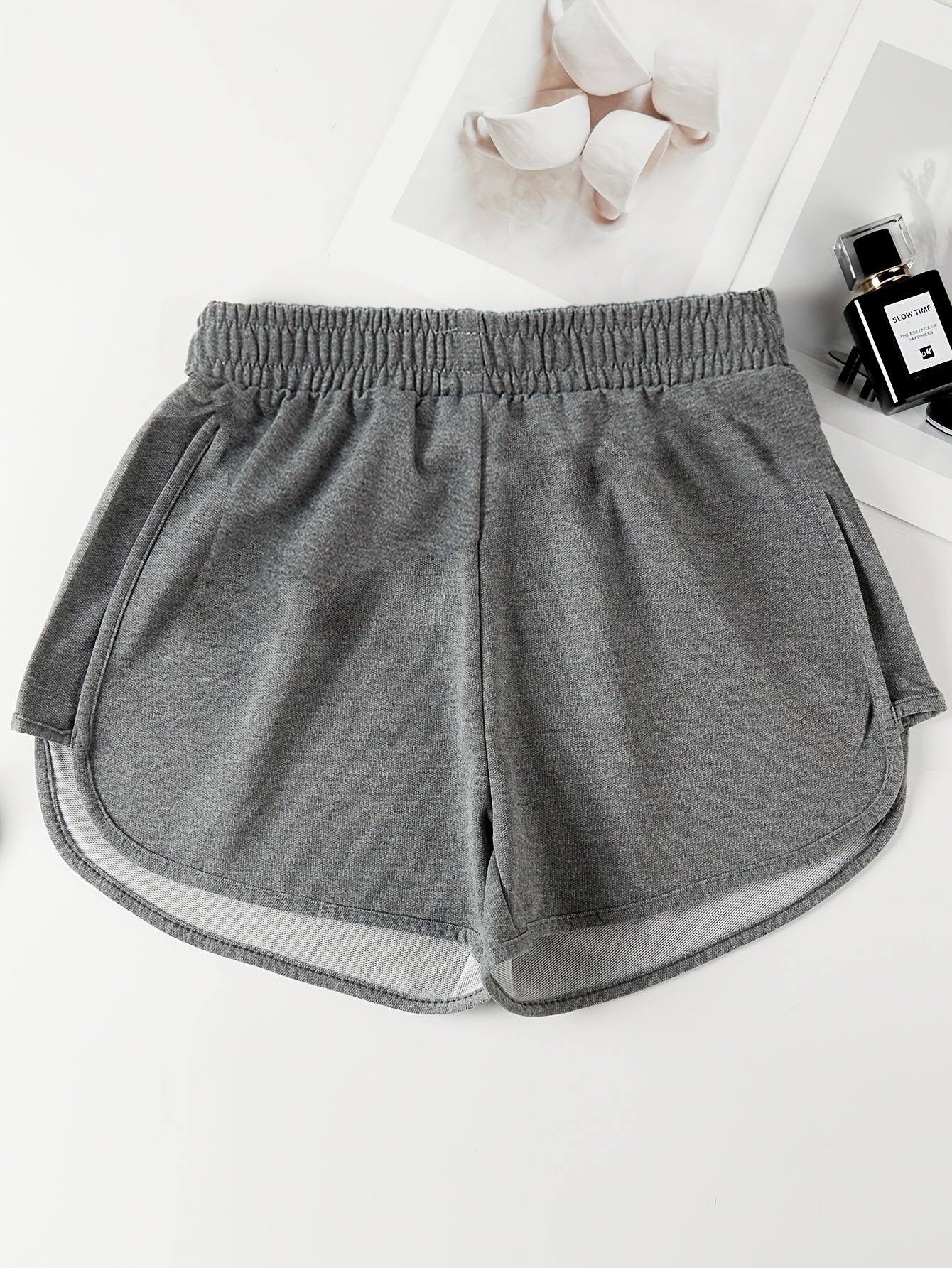 3 Pieces Set Solid Drawstring Running Shorts, Elastic Waist Casual Dolphin Shorts, Women's Clothing
