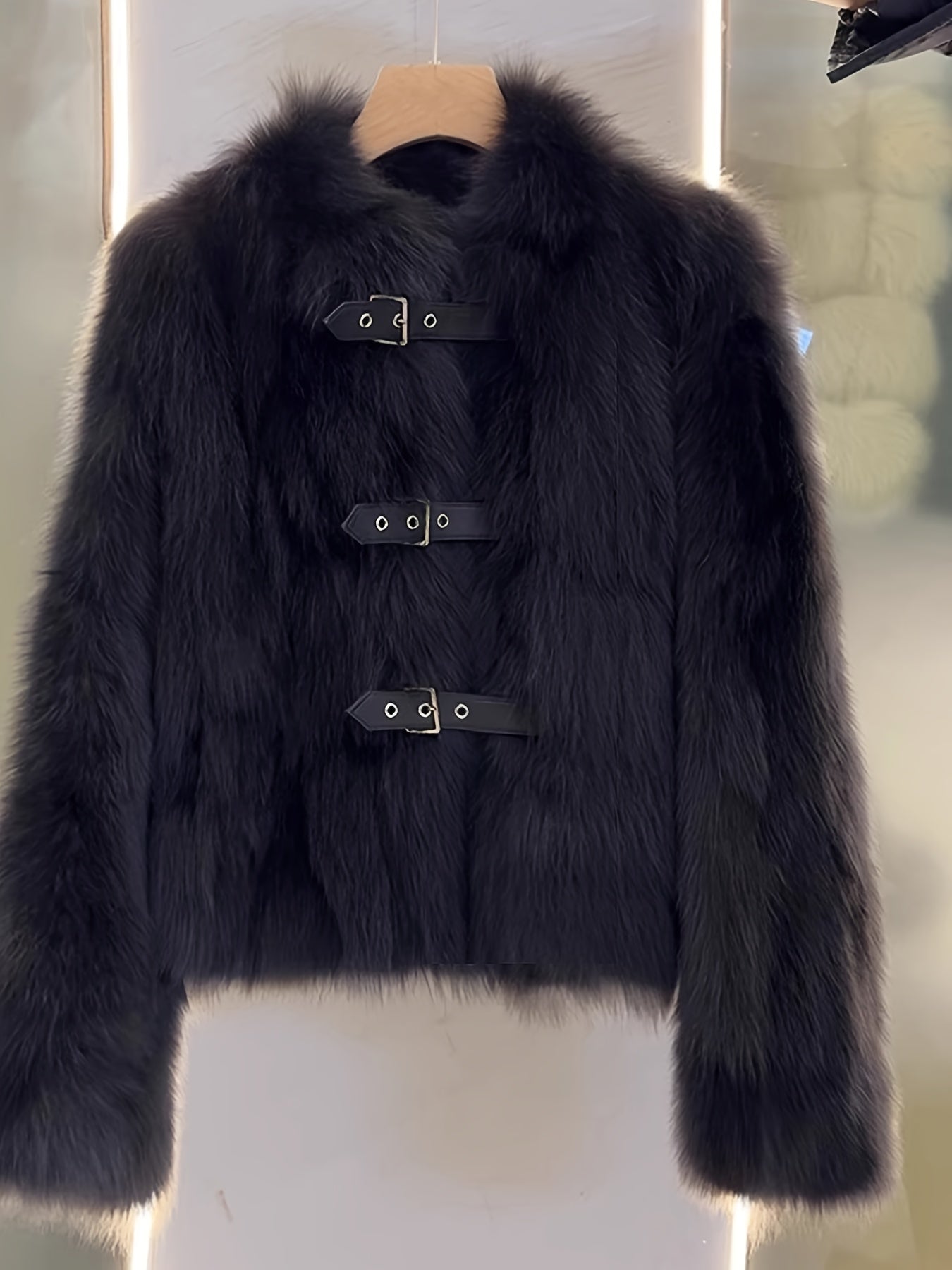 Women's Luxury Plush Fur Coat - White Fox-like Fur Jacket with Single-Button Front Closure, H-Line Silhouette & Beltless Design | Winter Warmth, Loose Fit Long Sleeve Winter Coat for Fall/Winter | Solid Color (No Pattern) | H