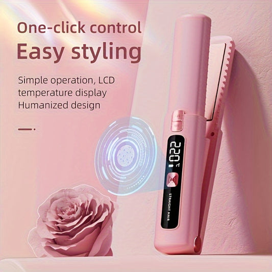 1pc Mini 2-in-1 Wireless Hair Straightener & Curler - USB Rechargeable 4500mAh, Anti-Scald Constant Temp Control, Ionic Care Technology, LCD Display, Portable Travel Flat Iron & Curling Wand for Dry Hair