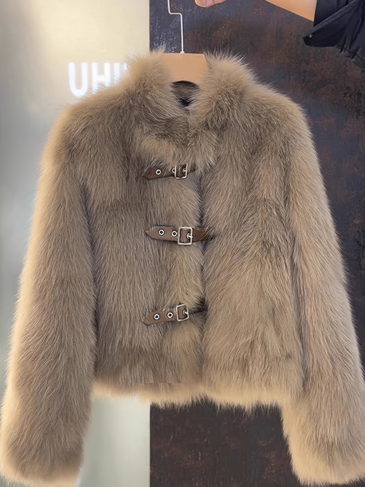 Women's Luxury Plush Fur Coat - White Fox-like Fur Jacket with Single-Button Front Closure, H-Line Silhouette & Beltless Design | Winter Warmth, Loose Fit Long Sleeve Winter Coat for Fall/Winter | Solid Color (No Pattern) | H