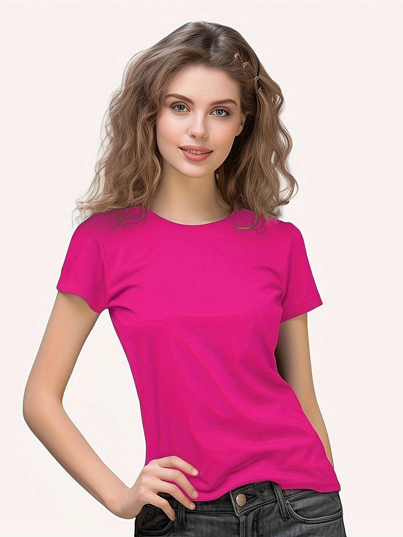Solid Crew Neck T-Shirt, Casual Short Sleeve Top For Spring & Summer, Women'S Clothing
