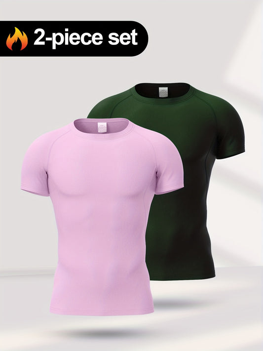 2pcs Men'S Athletic Compression Shirts - Quick-Dry, Breathable Round Neck Tops for Running, Basketball & Football Training - Slim Fit, Short Sleeve, High-Elasticity Polyester Blen