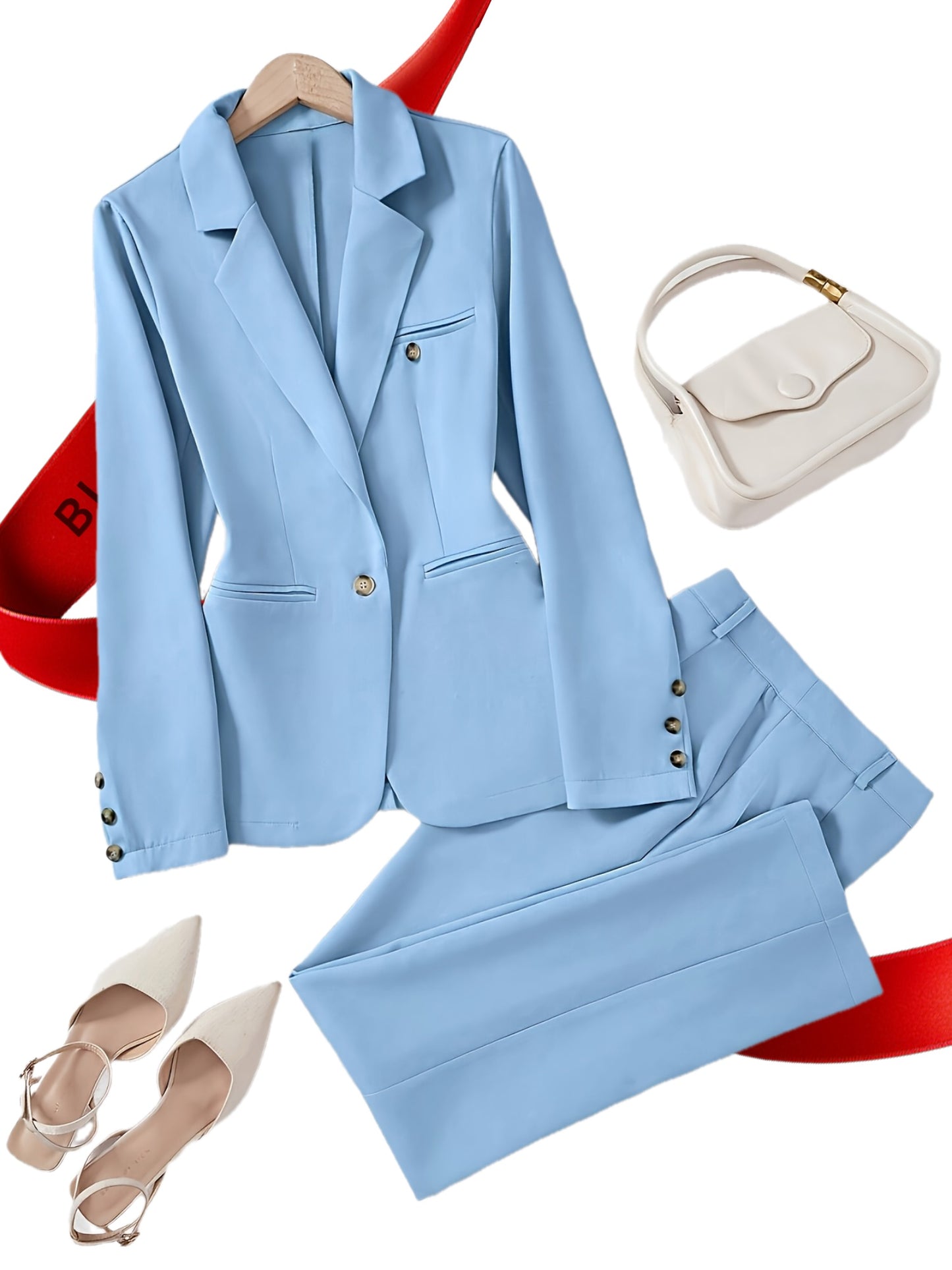 Women'S 2pcs Minimalist Suit Set - Light Blue Single-Breasted Blazer & Pants with Notched Lapel, Long Sleeves, and Button Details for Office or Casual Wear, Spring/Fall Collection, Office Attire | Notched Lapel Blazer | Butto