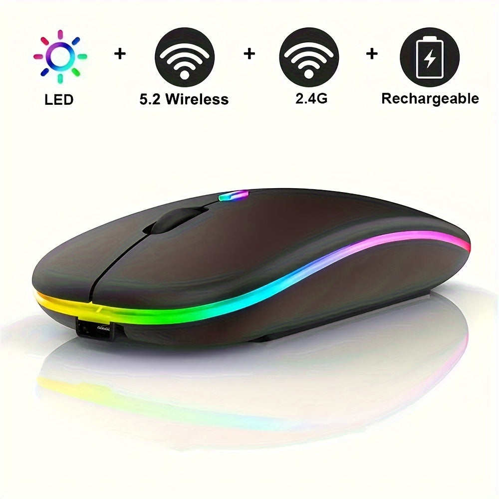 Rechargeable LED Backlit Wireless Mouse, Ultra-Thin 2.4G/5.2 Dual Mode Silent Portable USB Optical Gaming Mouse, Compatible with Laptop/Desktop/Tablet, Ambidextrous Design, 500mAh Battery, Type-C Charging, No Charger Included