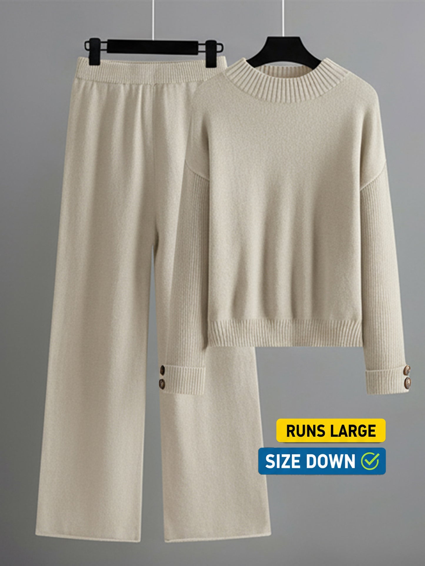 Women's Elegant Lounge Set with Ribbed Crewneck Pullover and Wide Leg Pants Soft Two Piece Fall Winter Outfit Cozy Casual Loungewear Solid Color Sweater Matching Set