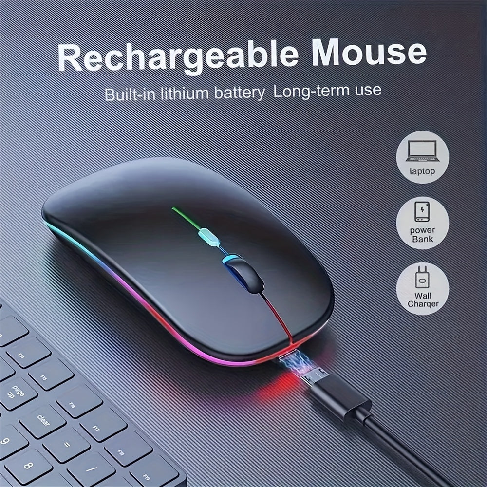 Rechargeable LED Backlit Wireless Mouse, Ultra-Thin 2.4G/5.2 Dual Mode Silent Portable USB Optical Gaming Mouse, Compatible with Laptop/Desktop/Tablet, Ambidextrous Design, 500mAh Battery, Type-C Charging, No Charger Included