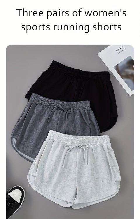 3 Pieces Set Solid Drawstring Running Shorts, Elastic Waist Casual Dolphin Shorts, Women's Clothing