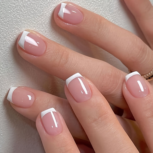 24pcs Pink & Nude Square Short Coffin Press-On Nails, Glossy Finish, Reusable & Durable French Style False Nails for Women, Easy Application, Long-Lasting, Ideal for Salon Or DIY Manicure |Bride Nails |Wedding Nails