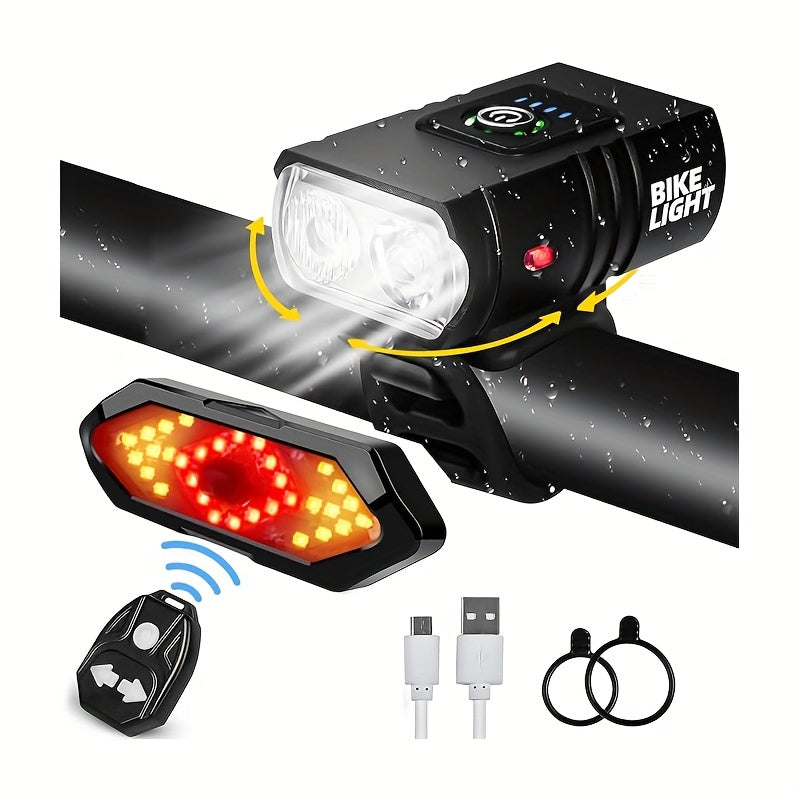 Rechargeable Dual Front and Rear Bike Lights with Super Bright Headlight, Taillight, Turn Signal, Easy-to-Install Safety Flashlight for Night Riding