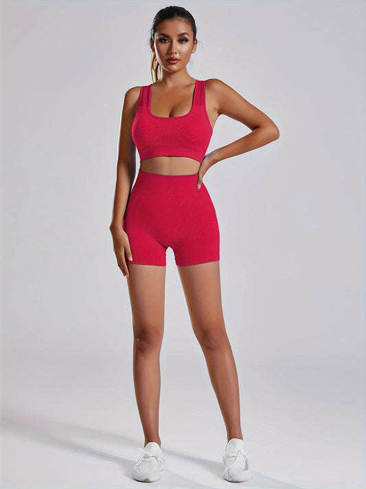 1set Women'S Seamless Sports Yoga Set - High Stretch Polyamide & Elastane Knit Fabric, Solid Color, All-Season, Regular Fit, Open Back Sports Bra & Butt Lifting Shorts Gym Wear